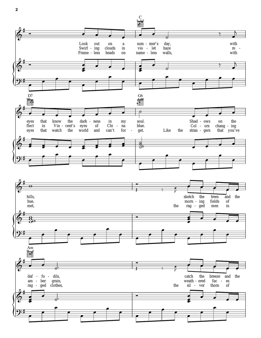 Vincent (Starry Starry Night) Piano, Vocal, Guitar scores gallery preview page 2