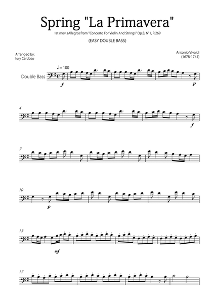 "Spring" (La Primavera) by Vivaldi - Easy version for DOUBLE BASS SOLO image number null