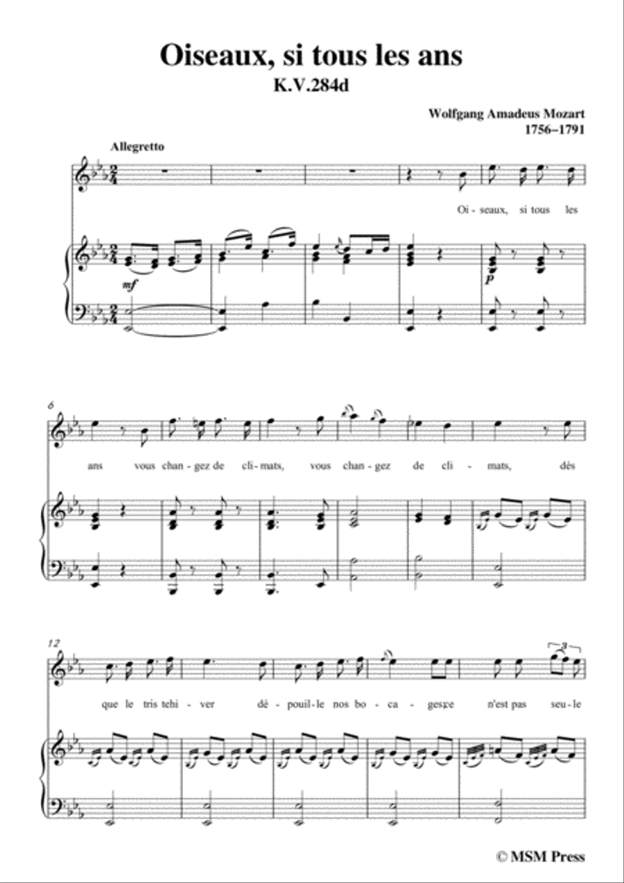 Mozart-Oiseaux,si tous les ans,in E flat Major,for Voice and Piano Voice Solo scores gallery preview page 3
