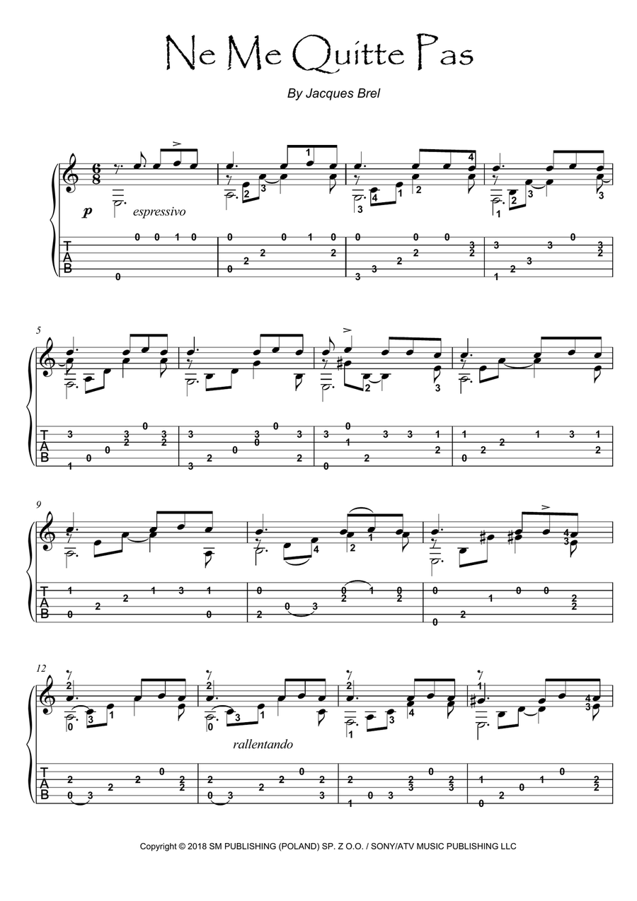 Ne Me Quitte Pas Guitar Tablature scores gallery preview page 1