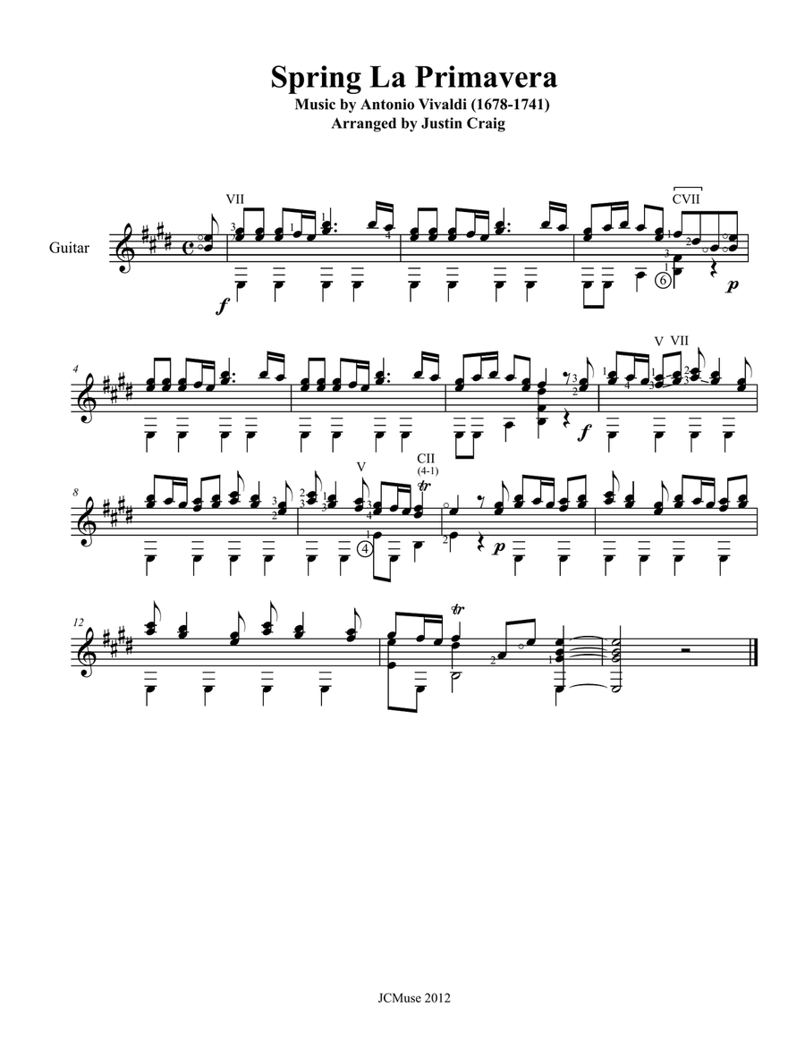 Spring, La Primavera for solo guitar. Classical Guitar scores gallery preview page 1