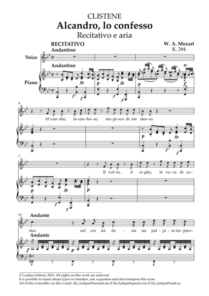 Alcandro, lo confesso, K. 294 by Wolfgang Amadeus Mozart Voice - Digital Sheet Music
