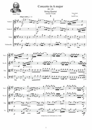 Book cover for Vivaldi - Concerto in A major RV 158 for String Quartet - Complete score and parts