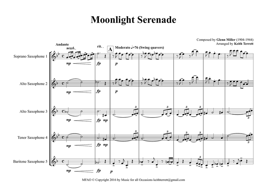 Moonlight Serenade for Saxophone Ensemble (S, A, A, T & Baritone) Woodwind Ensemble scores gallery preview page 2