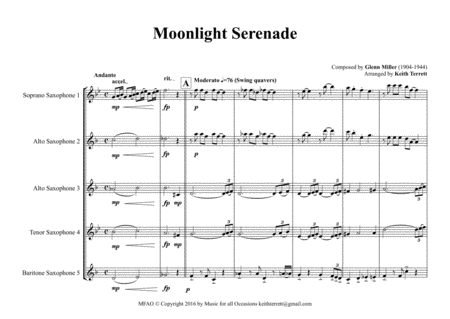 Moonlight Serenade for Saxophone Ensemble (S, A, A, T & Baritone) image number null