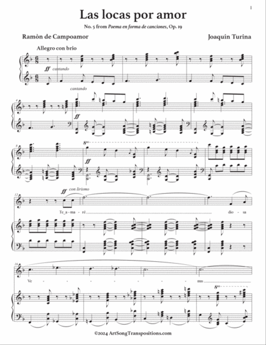 TURINA: Las locas por amor, Op. 19 no. 5 (transposed to F major) Voice scores gallery preview page 2