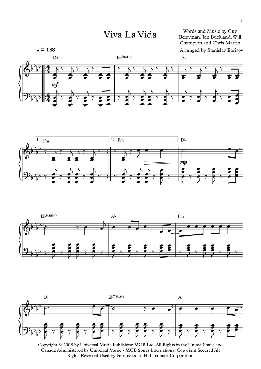 Viva La Vida Viva La Vida Piano Solo scores gallery preview page 1