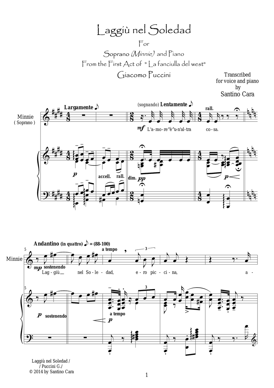 Puccini-La F.del W._Act1 Laggiù nel soledad-Soprano and piano Soprano Voice scores gallery preview page 1