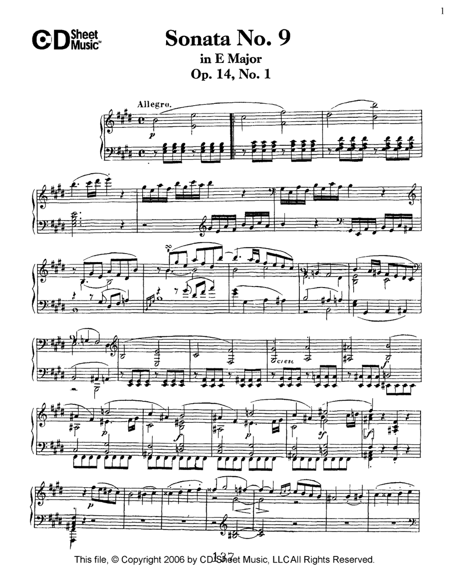 Sonata No. 9 In E Major, Op. 14, No. 1 Piano Solo scores gallery preview page 1