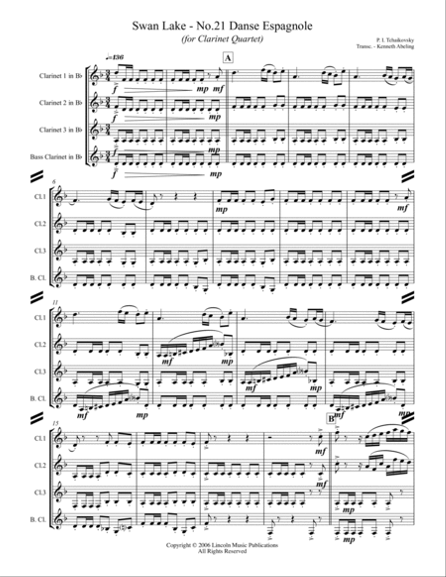 Tchaikovsky – Danse Espagnole (Spanish Dance) from Swan Lake (for Clarinet Quartet) Clarinet Quartet scores gallery preview page 2
