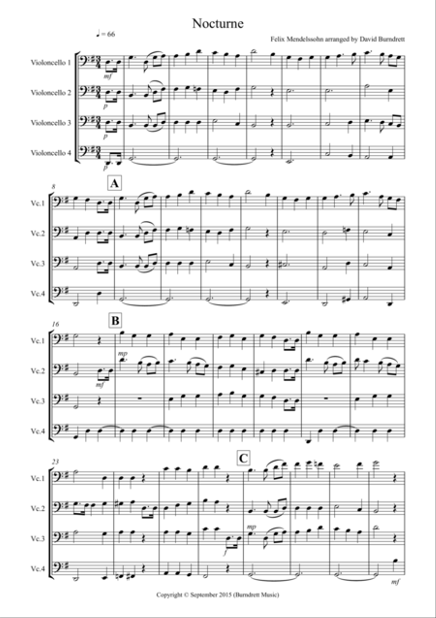 Nocturne from (A Midsummer Night's Dream) for Cello Quartet Cello Solo scores gallery preview page 1