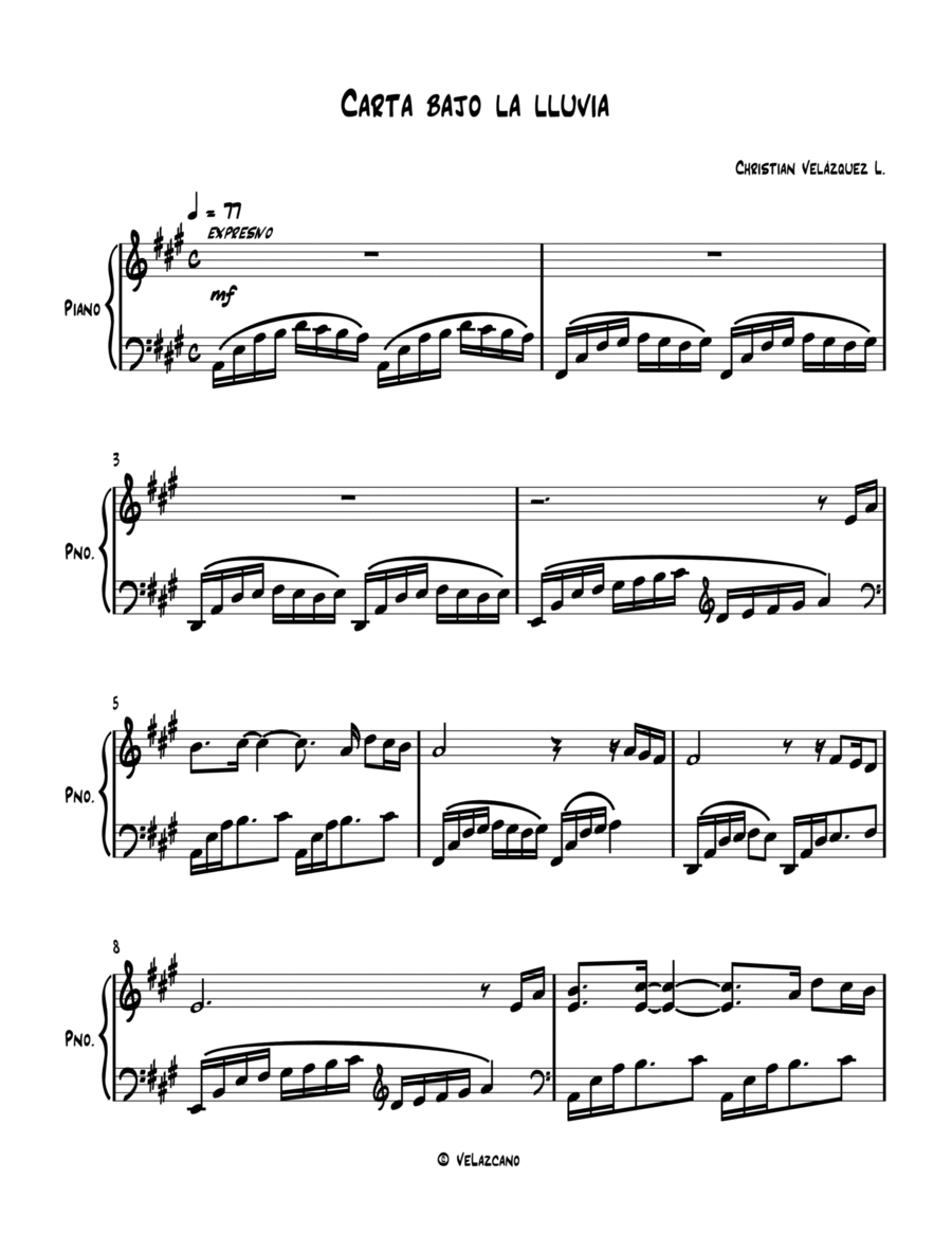 Carta bajo la lluvia / Letter in the rain Piano Solo scores gallery preview page 1