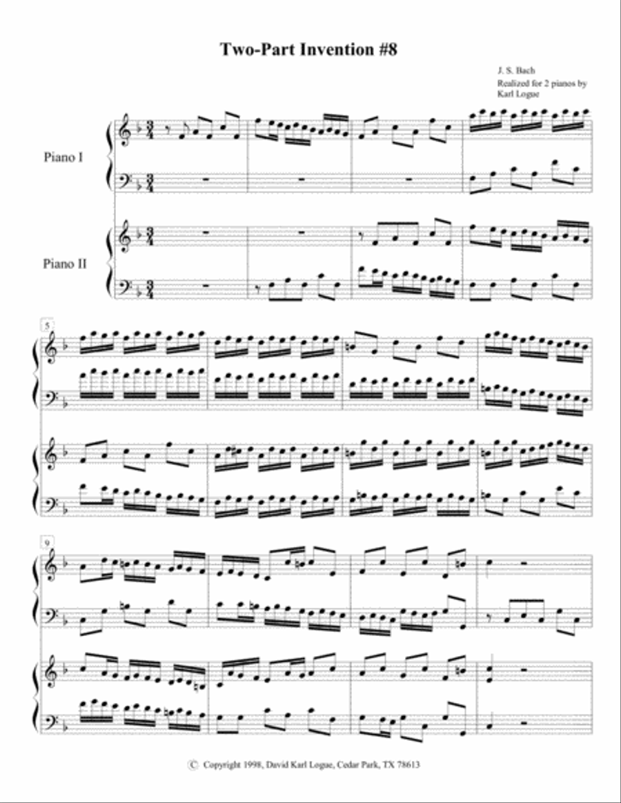 Two-part Invention #8 by J. S. Bach 2 Pianos, 4-Hands scores gallery preview page 1
