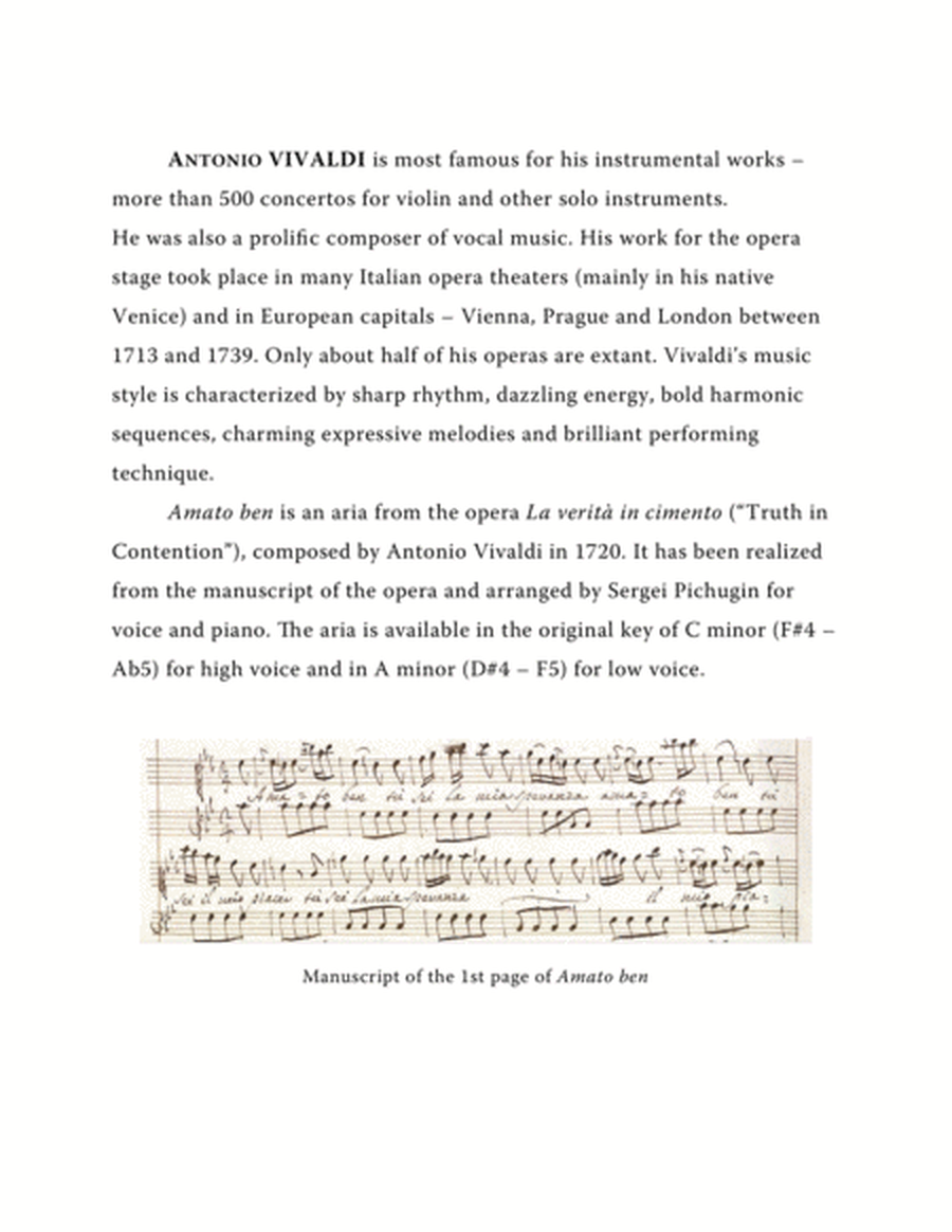 VIVALDI Antonio: Amato ben, aria from the opera "La verità in cimento", arranged for Voice and Pian image number null
