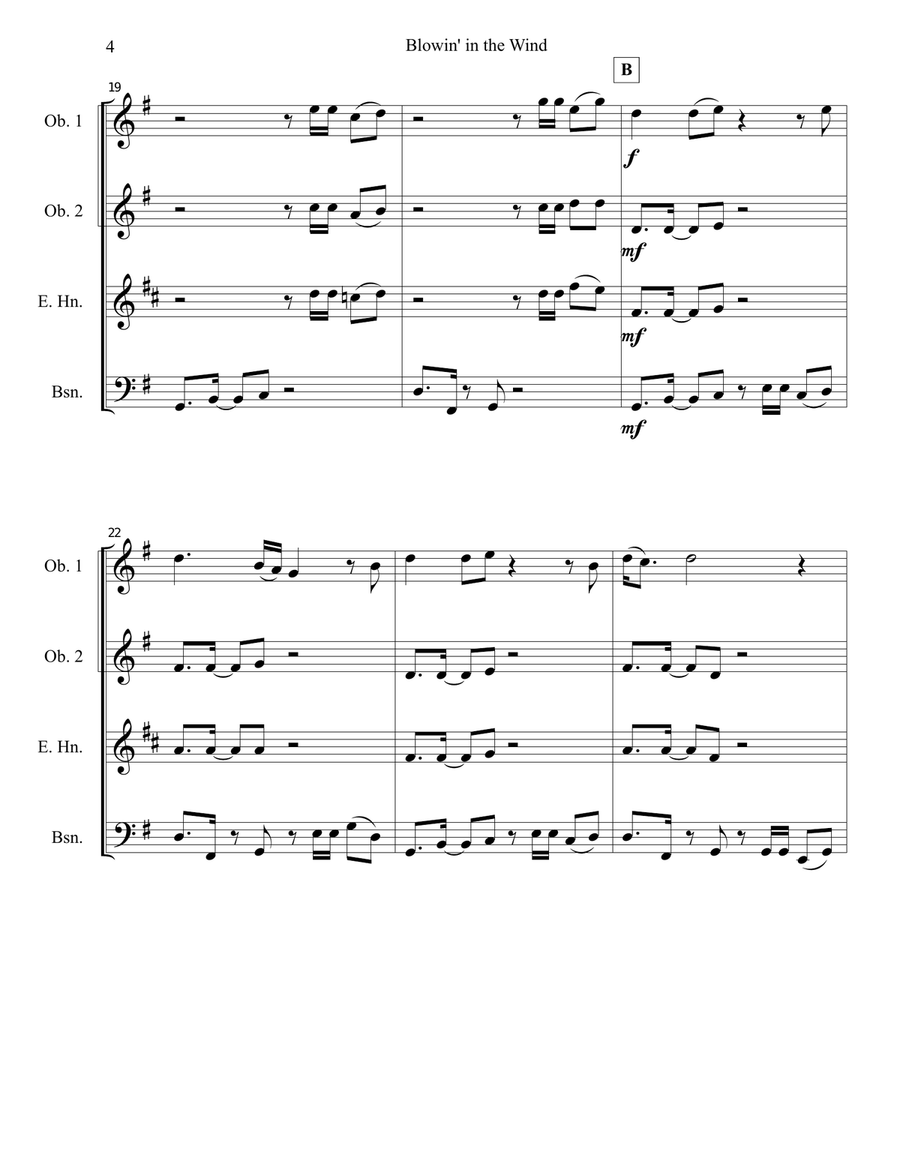 Blowin' In The Wind Woodwind Quartet scores gallery preview page 5