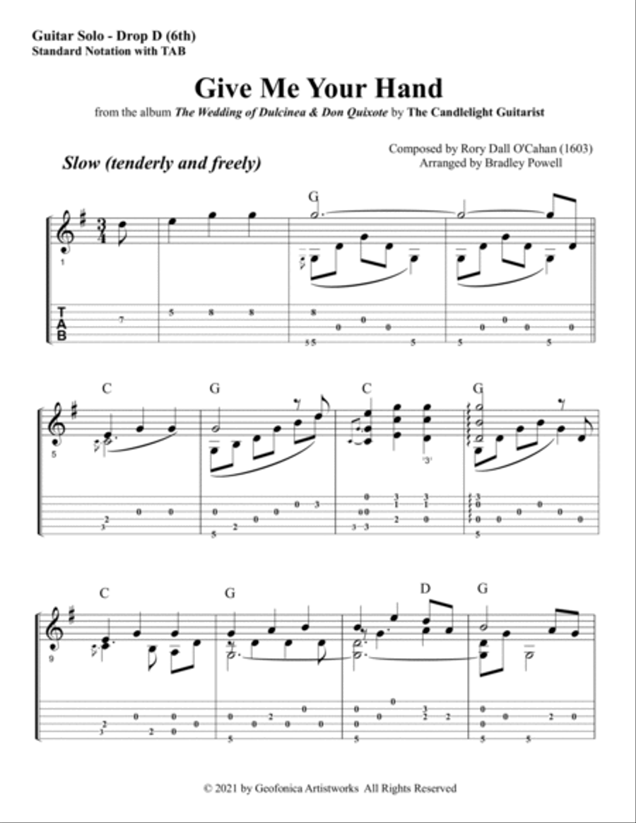 Give Me Your Hand (Irish Traditional) Guitar Solo (in standard notation plus TABS) Classical Guitar scores gallery preview page 2