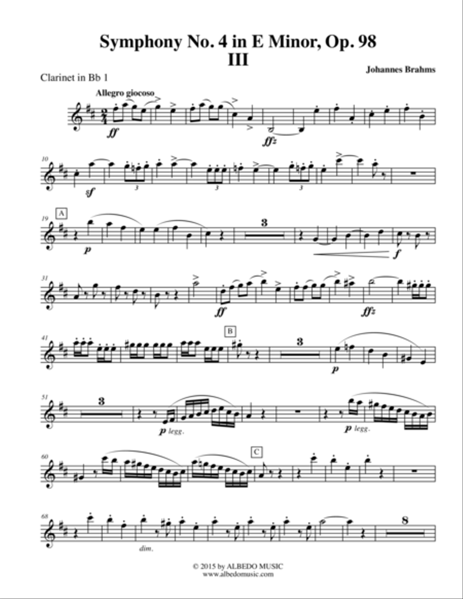 Brahms Symphony No. 4, Movement III - Clarinet in Bb 1 (Transposed Part), Op. 98 B-Flat Clarinet scores gallery preview page 1