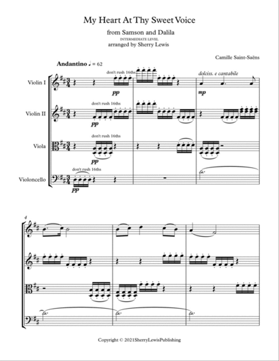MY HEART AT THY SWEET VOICE for String Quartet, Intermediate Level for 2 violins, viola and cello String Quartet scores gallery preview page 4