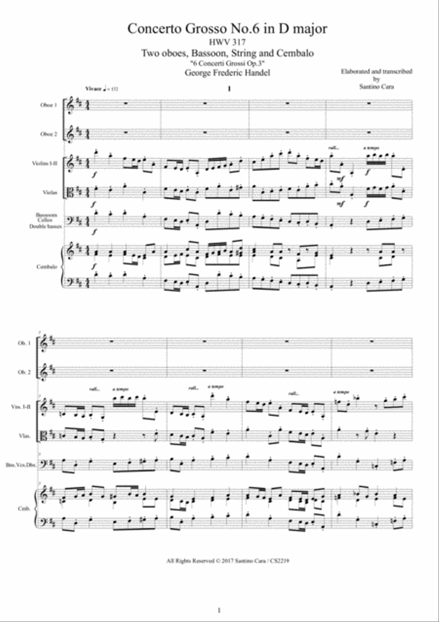 Handel - Concerto Grosso in D major No.6 Op.3 HWV 317 for Winds, Strings and Cembalo - Score and Par Chamber Orchestra scores gallery preview page 1