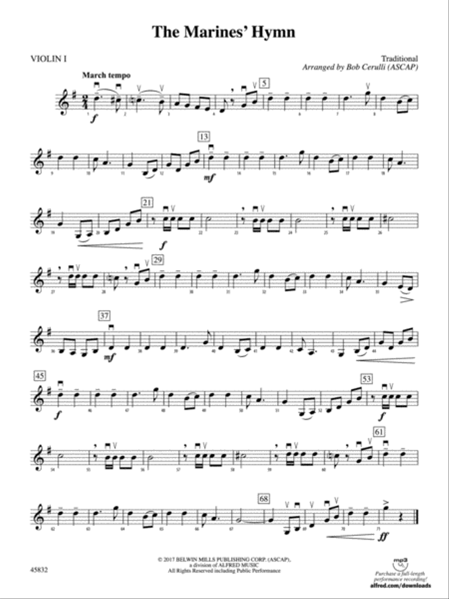 The Marines' Hymn: 1st Violin String Orchestra scores gallery preview page 1
