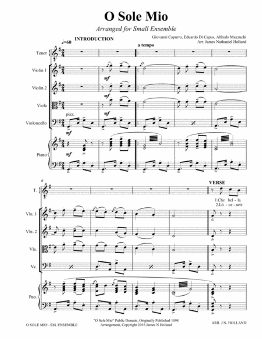 O Sole Mio Arranged for Tenor and Small Ensemble Key of G Small Ensemble scores gallery preview page 5