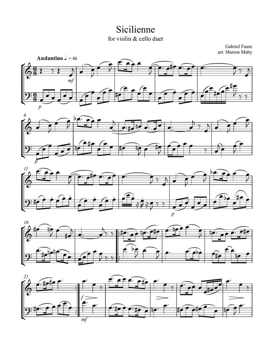Faure Sicilienne, arr. for violin & cello duet String Duet scores gallery preview page 1