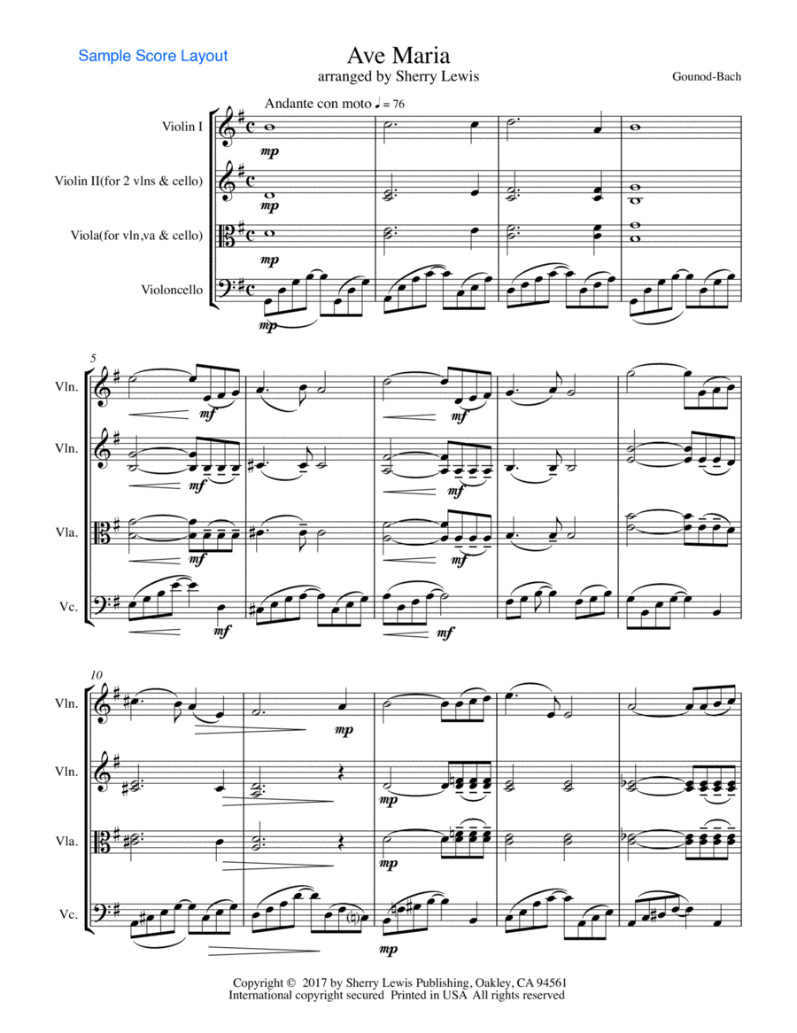 AVE MARIA - Bach-Gounod, String Trio, Intermediate Level for 2 violins and cello or violin, viola an String Trio scores gallery preview page 1