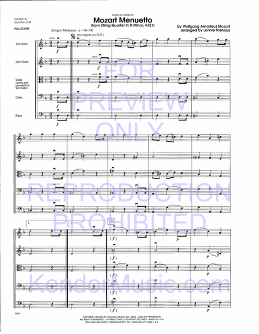 Mozart Menuetto (From String Quartet In D Minor, K421) (Full Score)