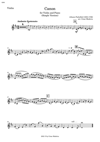 Pachelbel's Canon in D - Violin and Piano - Simple Version (Individual Parts) image number null
