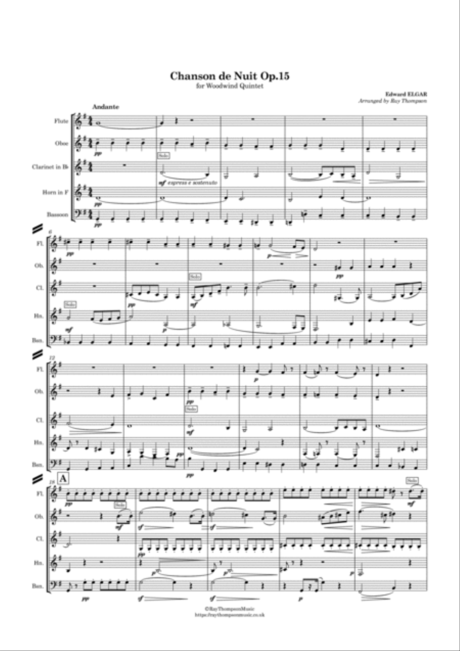Elgar: Chanson de Nuit Op.15 No.1 - wind quintet Woodwind Quintet scores gallery preview page 2
