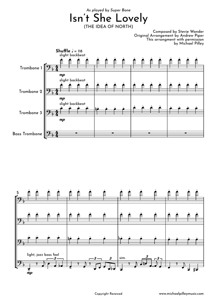 Isn't She Lovely Brass Quartet scores gallery preview page 2