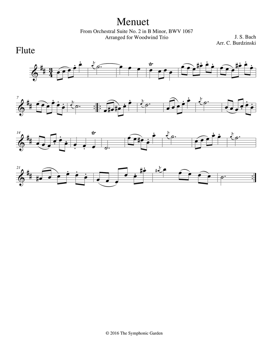 Bach - Menuet from Orchestral Suite No. 2 in B Minor - woodwind trio (flute, oboe, clarinet) Woodwind Trio scores gallery preview page 3