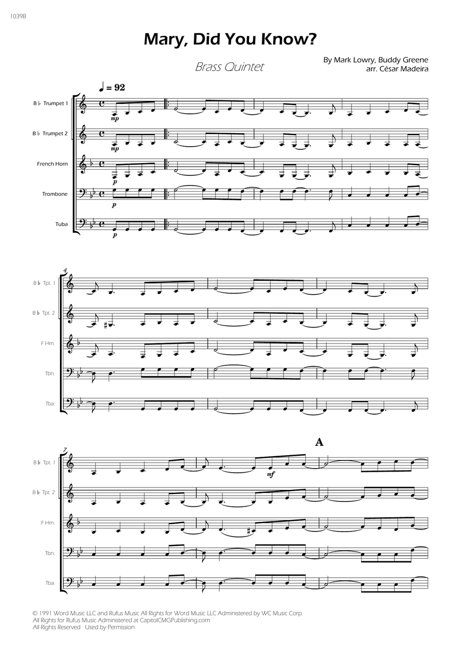 Mary, Did You Know? - Score Only Brass Quintet scores gallery preview page 1