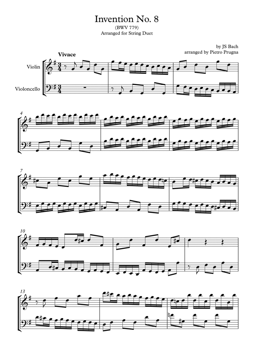 Invention No. 8 (BWV 779) by JS Bach - arranged for String Duet (Violin and Cello) image number null