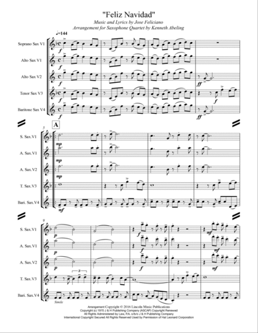 Feliz Navidad Saxophone Quartet scores gallery preview page 2