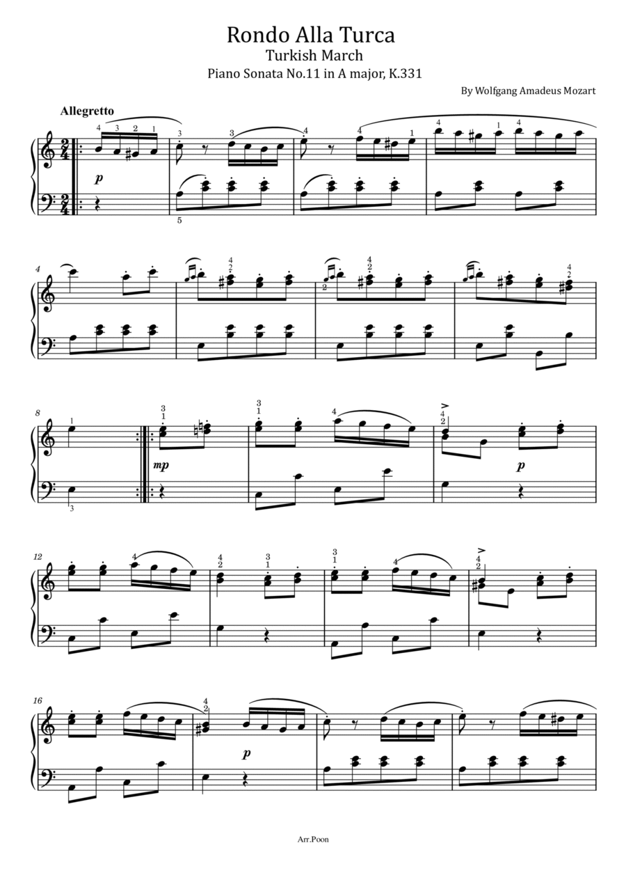 Mozart - Rondo Alla Turca - K.331 - (Turkish March) Original With Finger Piano Solo scores gallery preview page 1