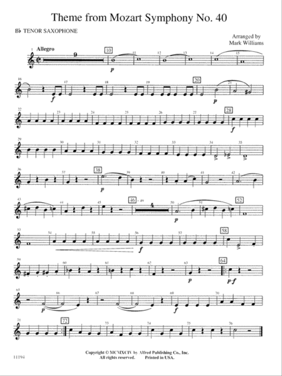 Theme from Mozart Symphony No. 40: B-flat Tenor Saxophone Concert Band scores gallery preview page 1