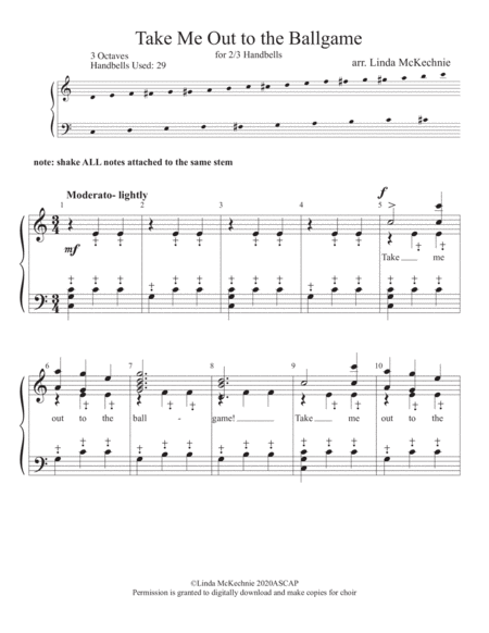 Take me out to the Ballgame- handbell arrangement for Level 2 (easy) for 2 or 3 octave handbells arr