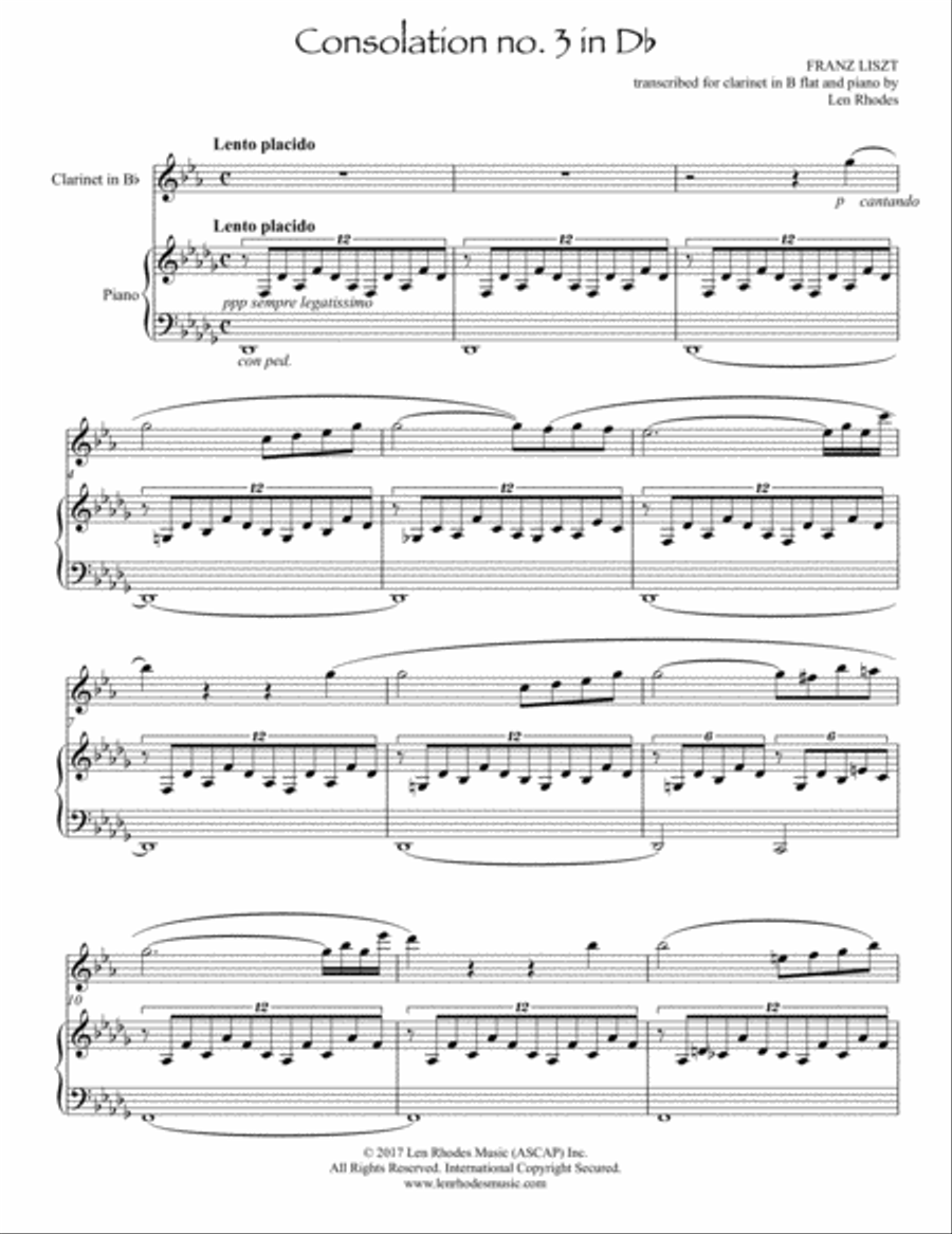 Liszt - Consolation No. 3 in D flat; transcribed for Bb clarinet and piano B-Flat Clarinet scores gallery preview page 1