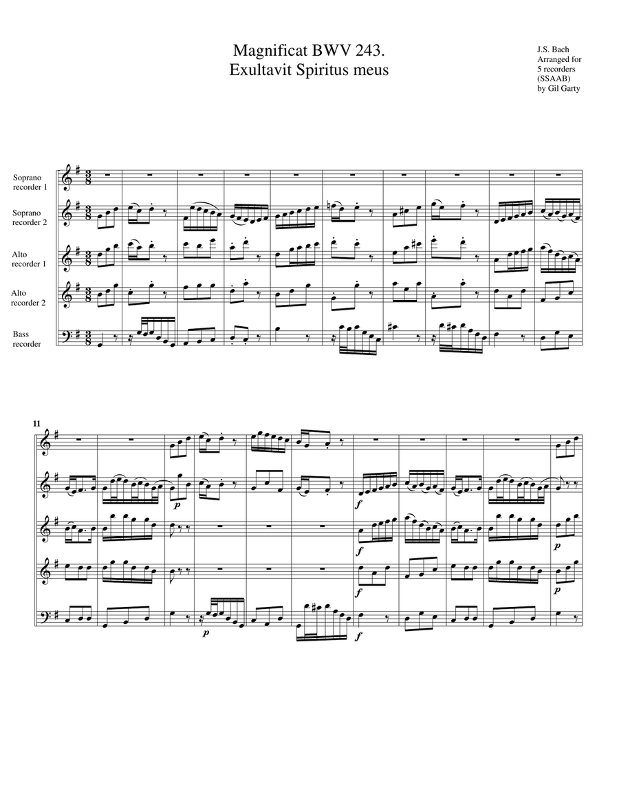 Et exultavit Spiritus meus from Magnificat, BWV 243 (arrangement for 5 recorders) Recorder scores gallery preview page 1