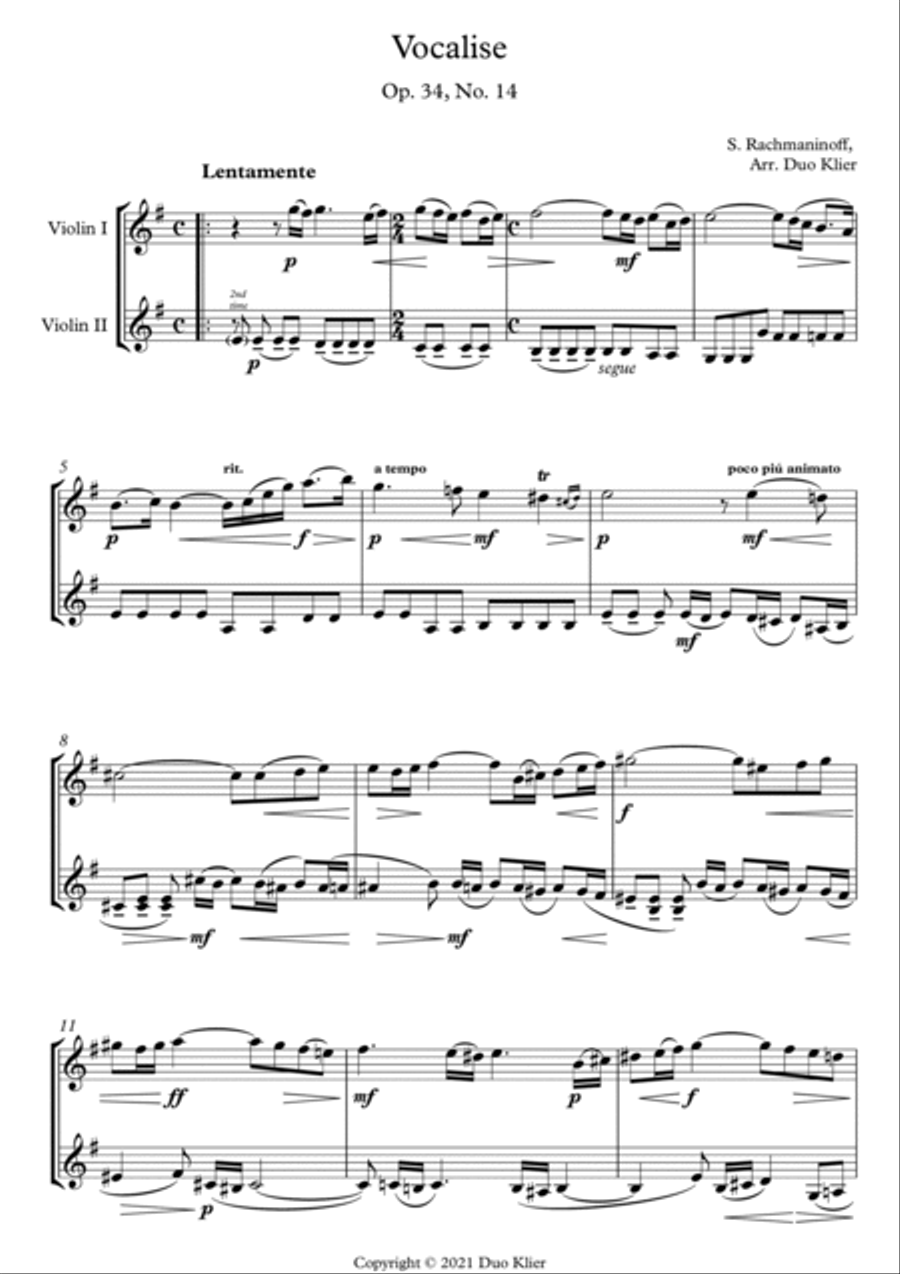Rachmaninoff - Vocalise (Violin Duet) String Duet scores gallery preview page 2