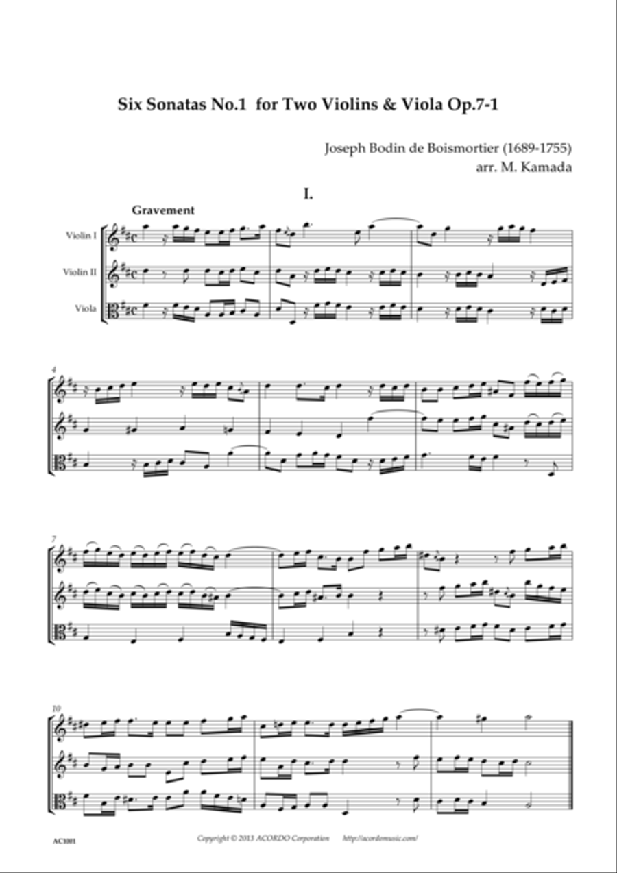 Six Sonatas No.1 for two Violins & Viola Op.7-1 String Duet scores gallery preview page 1