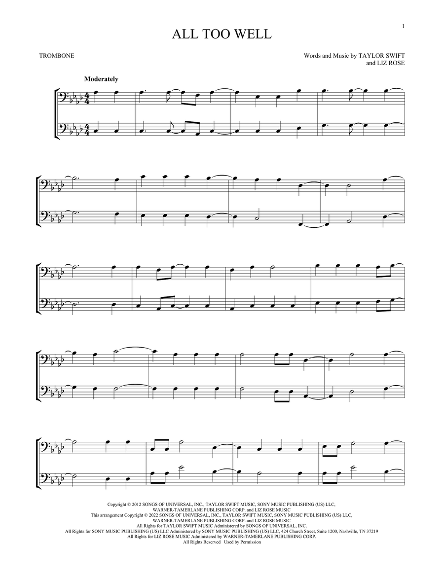 All Too Well Trombone Duet scores gallery preview page 1