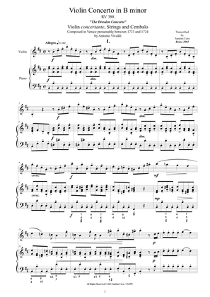 Book cover for Vivaldi - Violin Concerto in B minor - Dresden - RV 388 for Violin and Piano