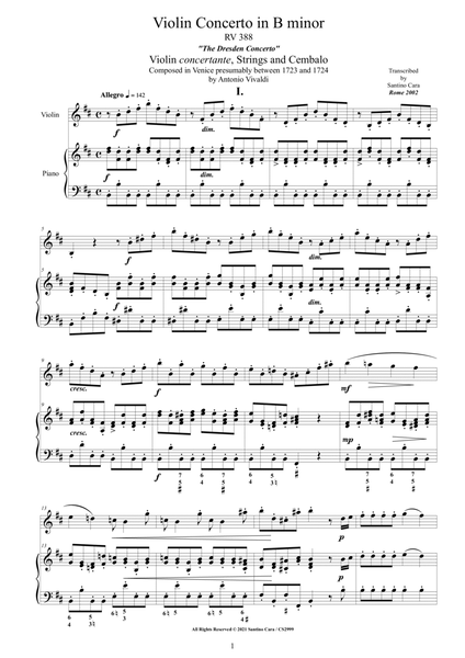 Vivaldi - Violin Concerto in B minor - Dresden - RV 388 for Violin and Piano image number null