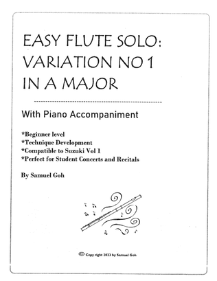 Book cover for Easy Flute Solo: Variation No 1 in A Major with Piano accompaniment