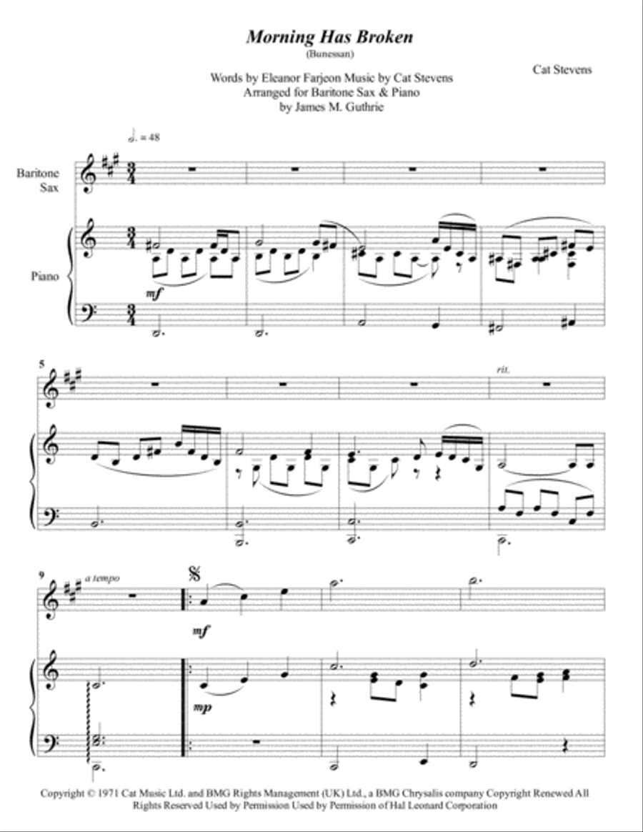 Morning Has Broken Baritone Saxophone scores gallery preview page 1