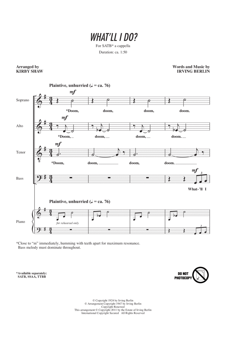What'll I Do What'll I Do 4-Part scores gallery preview page 1