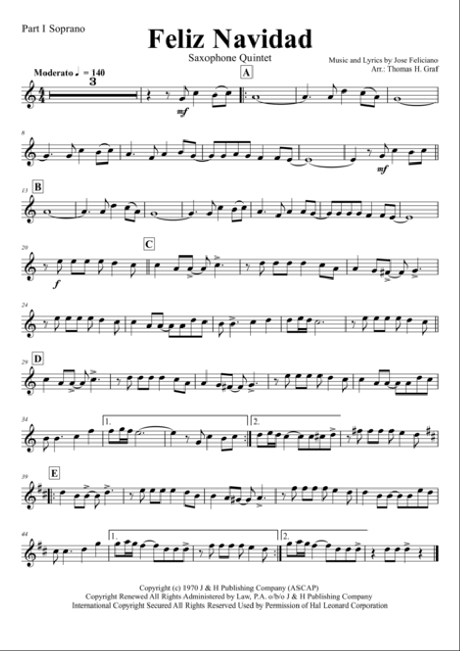 Feliz Navidad Saxophone Quintet scores gallery preview page 6