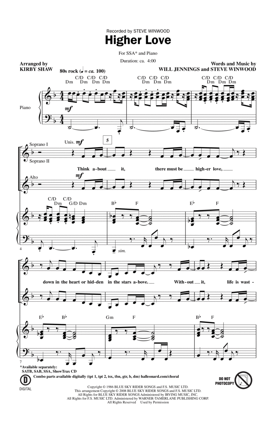Higher Love Higher Love SSA scores gallery preview page 1